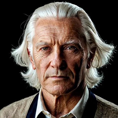 Portrait Man 6, White hair, neatly trimmed, slightly full but well preserved, face slightly wrinkled, looks straight into the camera, stands straight in front of the camera