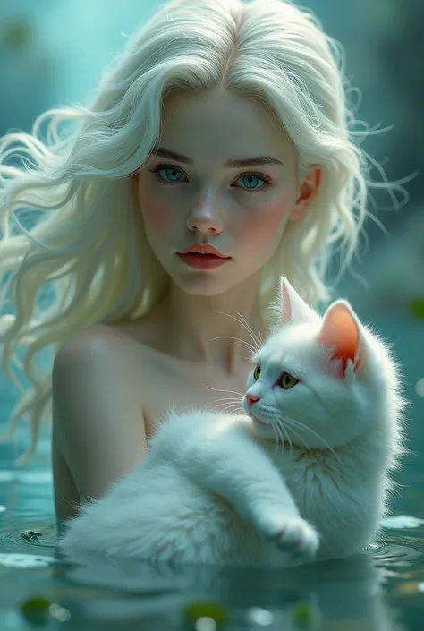 Masterpiece、Highest quality、8k、Beautiful and lovely siren、A cute white cat aiming for the siren、Realistic、Real