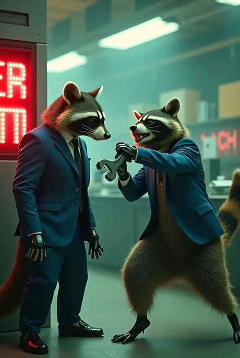  robotic bot stands with a red sign "alarm" from behind, a large, very aggressive raccoon in a classic blue suit and tie jumps at him and swings a wrench. Around the futuristic and chaotic office in the style of the movie Matrix, picture in green tones. hi...