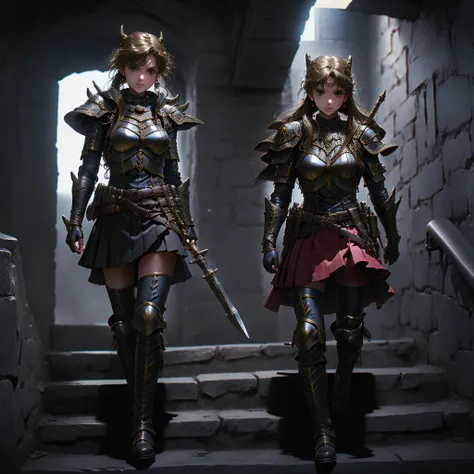 最high quality、high quality、Leather clothing and skirts、armor、Girl Adventurer、Climb the stairs of the underground dungeon、Equipped with a dagger and a leather shield、