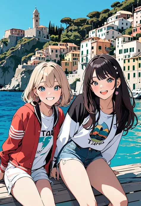 (masterpiece, best quality:1.1), popart style, flat color,kawaii,(two girls),cute,tween,have a nice trip,(Tremiti Islands),Italy, beautiful detailed scenery, beautiful lighting,very happy,dynamic pose,photographic portrait, sharp,Illustration by okama,