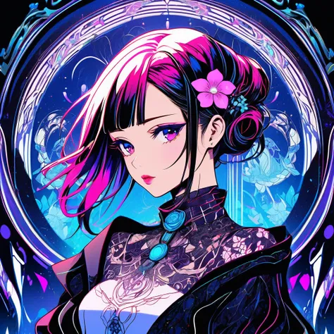 {最low quality, low quality)}, ((close)), Beautiful anime girl with intricate flower tattoo on her neck, Exudes elegance and beauty.,In the style of neon realism, Dark pink and light black, Gothic Art Nouveau, Anime-style character design, Deep white and in...