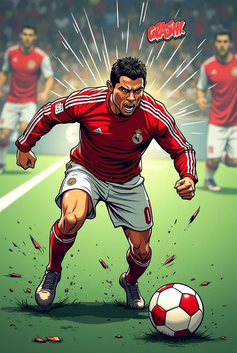  Image of Ronaldo getting up after a fall, with an expression of determination.)*  comic style