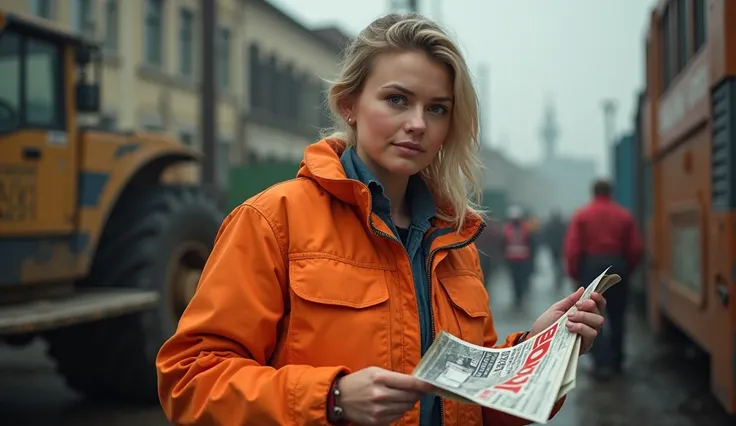 a man is distributing leaflets  , woman, Russian, in orange work clothes