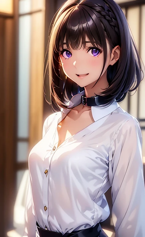 High resolution,In 8K,Highest quality,detailed,Semi-realistic anime,Anime 3D Style,Smooth anime CG,One Girl,1 woman in Japan,slim,Modeled,Shiny brown hair,detailedな顔,Beautiful and detailed,Glowing Skin,Medium Hair,((elegant white shirt with collar)),stragg...