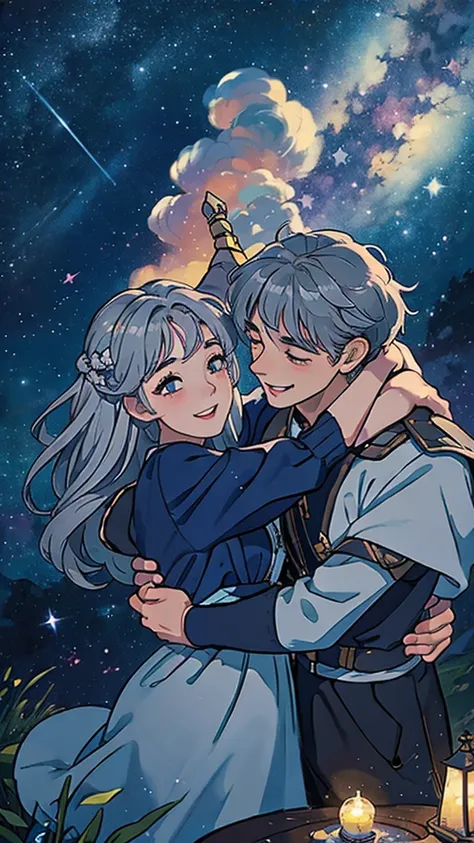 Handsome、cute、beautiful、Gray Hair、Young couple、Top quality、masterpiece、Highest quality、smile、bright、Background Magnificent starry sky、Hugging each other、Landscape painting、background、nostalgia、background、Summer night sky、