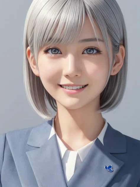 Young and beautiful Japanese girl with platinum silver short hair,(Ultra detailed eyes,big, clear eyes,Droopy eyes,Cute eyes:1.0),A balanced perspective,Ultra detailed face,A kind smile,(Wearing detailed flight attendant uniform:1.25),Highly detailed and r...