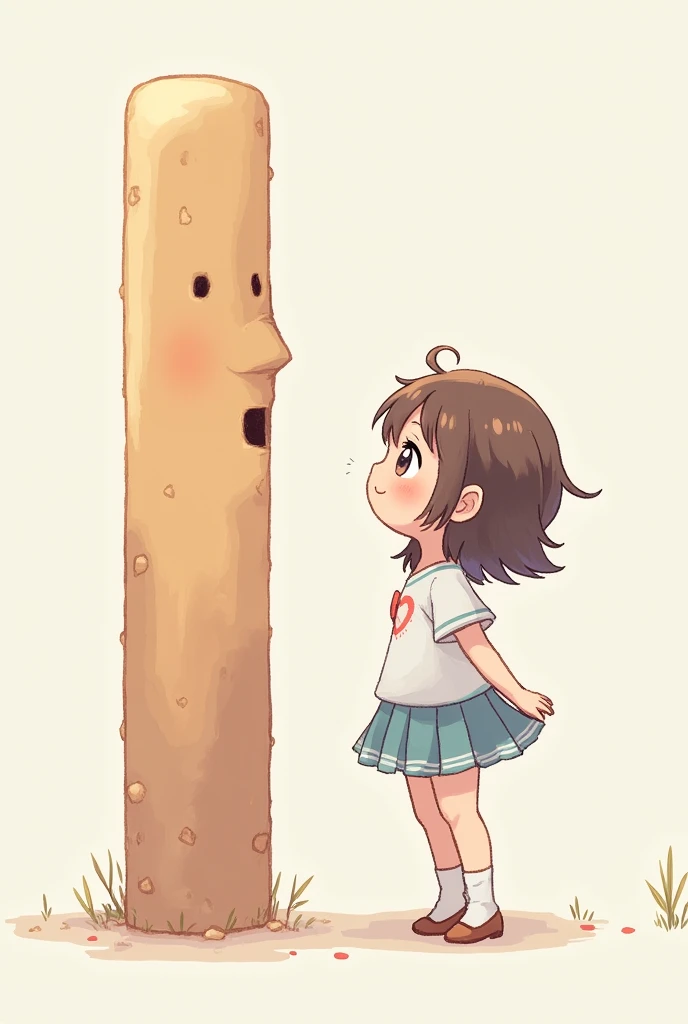 Anime girl blushing looking at a big pixelated stick 