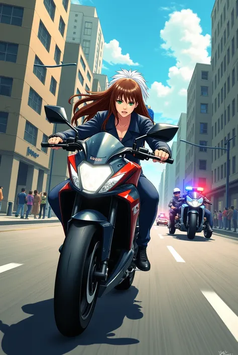 Brown hair,brown eyes woman with a white hair green eyes man on a motorbike together, driving away from the police anime skin