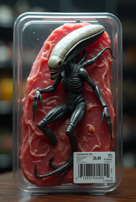 Alien Queen meat, packaged as if it came from a supermarket, the word "xenomorph" next to a barcode and priced at "35.99 €"