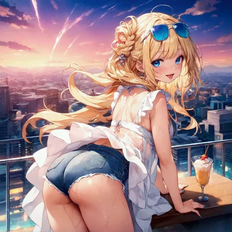 score_9, score_8_up, score_7_up,evaluation_Safety, masterpiece, high quality, so beautiful,Absurd,Soft Light, chest, 大きなchest, Healthy wheat-colored skin,Sunburn,Gal,See-through,(Sunglasses on head,Denim shorts,Bikini under white dress),Blue Nail,Blonde, b...