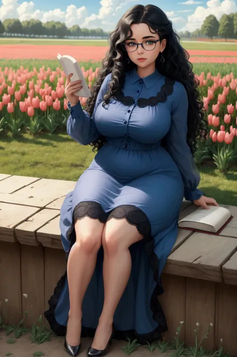 Full-body cartoon image of a beautiful woman with a good figure, big breasts, big eyes, wearing thin silver-rimmed glasses, black curly hair, thick wavy curly hair, very long hair dragging on the floor, wearing a sweet blue lace dress, a collared button-do...