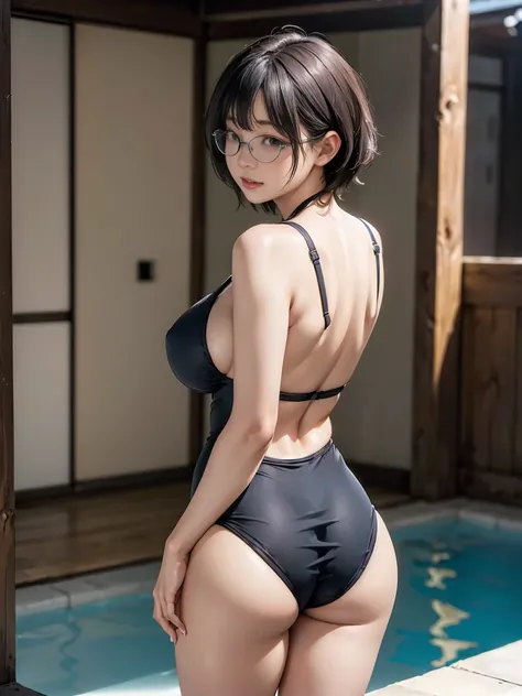 8k, RAW Photos, Highest quality, masterpiece, Realistic, Realistic, (1 Ultimate beauty), ((Cosplayer wearing a grey swimsuit)),(Strictly adhere to a composition where only one person appears in the photo)、(By the pool)(Wear rimless glasses)((By the pool手を着...