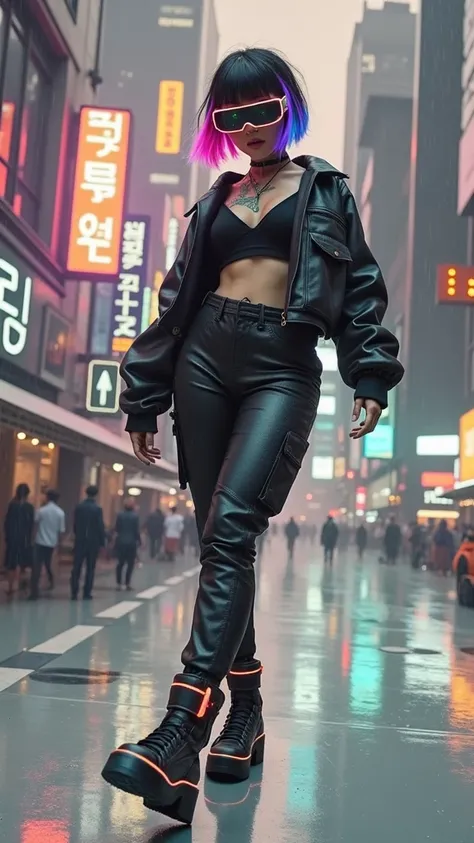 1girl, Korean woman, styled in vibrant neon hair, wearing sleek augmented goggles reflecting city lights, cyberpunk aesthetic, futuristic urban backdrop, adorned with holographic tattoos, standing confidently on a rain-slicked street, sporting a cropped me...