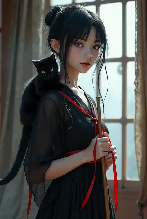 Beautiful Japanese girl、Black Hair、Beautiful small face with short eyelashes、Boyish eyes、High nose、Deep blue eyes、Very thin upper lip、Milky skin、Accurate and attractive body shape、Red ribbon、Magic Broom、Black cat on shoulder、Black dress、homesick、live-actio...