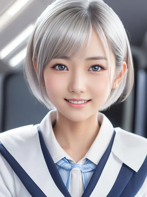 Young and beautiful Japanese girl with platinum silver short hair,(Ultra detailed eyes,big, clear eyes,Droopy eyes,Cute eyes:1.0),A balanced perspective,Ultra detailed face,A kind smile,(Wearing detailed flight attendant uniform:1.25),Highly detailed and r...