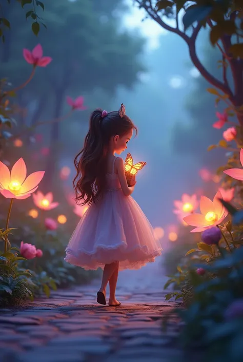 A princess and a glowing butterfly cub walk together along a path of glowing flowers, with the cub perching on her shoulder in a magical garden."3D animation Disney inspired 