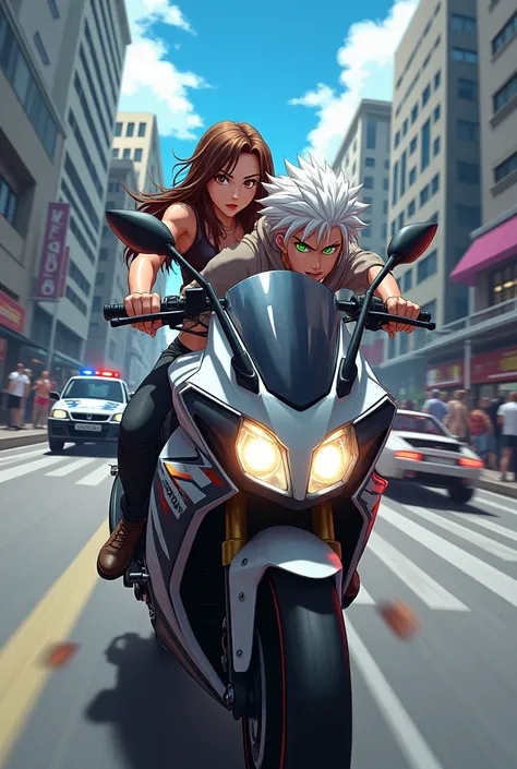 Brown hair,brown eyes woman with a white hair green eyes man on a motorbike together, driving away from the police anime skin