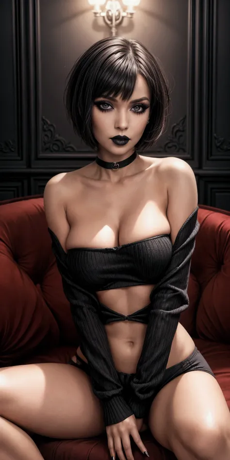 1girl, black lipstick, , eyeliner, eye shadow, smoky eyes, short hair, sweater, panties, hip, strapless,, sitting pose, big breasts, room, model body, thin narrow waist,