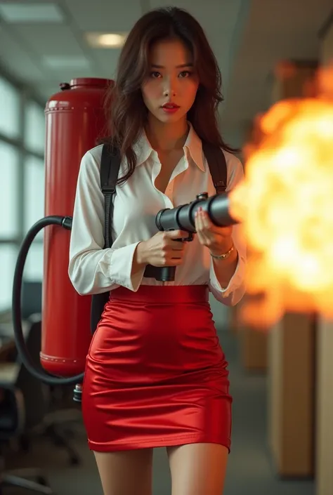 front person view realistic beautiful korean office lady in satin white shirt and red satin tight short mini skirt facial expression war cry shouting scream standing upright stance legs wide spread open full portrait dual hand holding a very long flame thr...