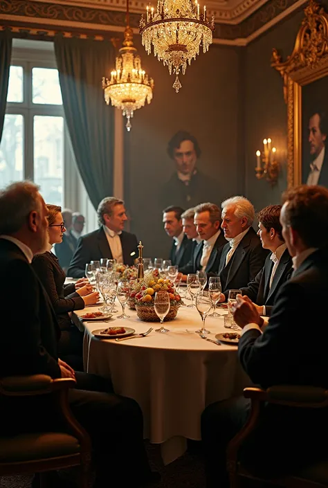 A hyper-realistic image of a high-profile gathering in Gustave Eiffel’s secret apartment, with famous scientists and artists of the time, opulent surroundings, 19th century Paris, detailed luxury furnishings, photo realism, cinematography please do not add...