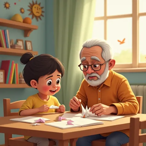 Need an image of a nursery child learning to create origami paper planes from a senior citizen sitting a table in a nursery background with the child. The child and the elderly person should look like sri lankan with normal clothing