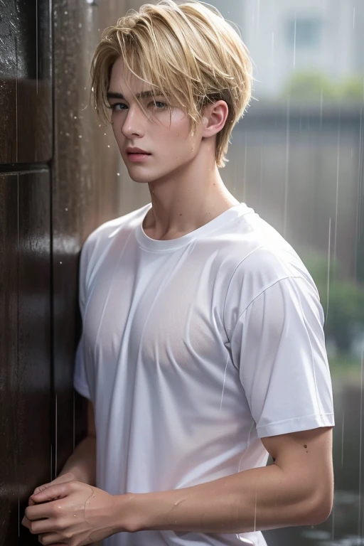 masterpiece，Highest quality，4K，Handsome，male，20th Generation，Blonde，Short Hair，in the rain，Staring down at close range，Wet eyes，A T-shirt that was soaked and stuck to my body in the rain，Water dripping from my hair，Put your hands on the wall and look down，...