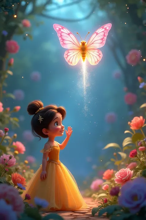  "A glowing butterfly cub flutters away into the sky, sending a final sparkle down to a smiling princess, who waves goodbye in a magical garden."3D animation Disney inspired 