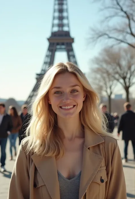 "A blonde woman is recording a video under the Eiffel Tower." "She is facing the screen directly." "The background shows the Eiffel Tower with pedestrians walking by." "The top of the Eiffel Tower is visible." "The video has a 16:9 aspect ratio." "The woma...