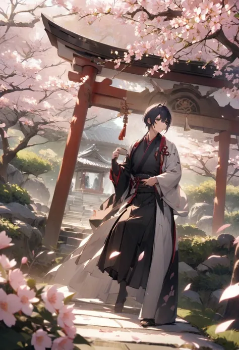 A scene that highlights Mori Ranmaru&#39;s loyalty and beauty。he、Dressed in traditional samurai attire from the Warring States period、Standing with grace and dignity。His handsome features and good looks stand out.、Especially the young々Beautiful and dignifi...