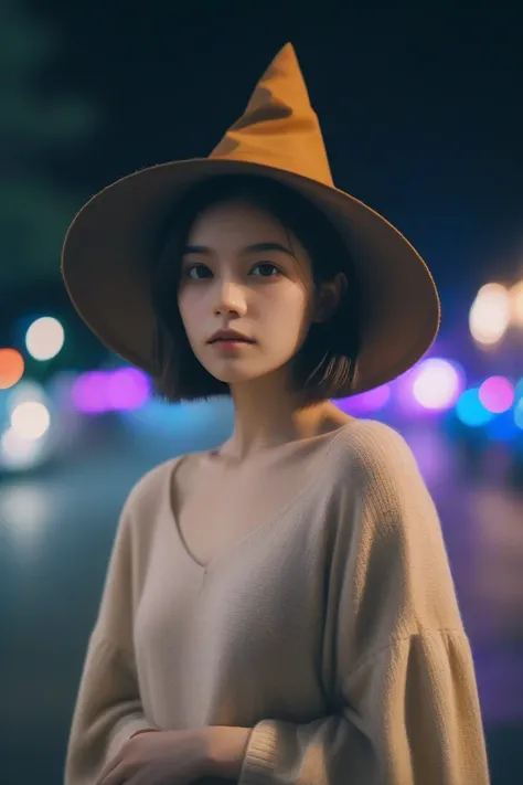 Aesthetic portrait, 1 Girl,Solitary, short hair, Bokeh, Depth of Field, Movie, at night , Witch Hat,