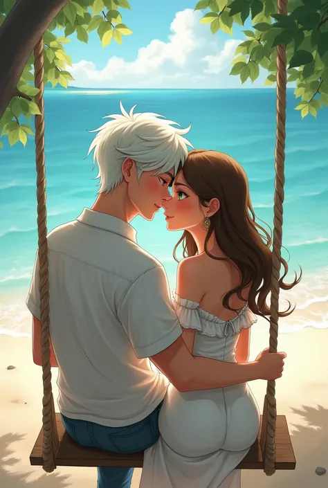 Brown hair,brown eyes woman hugging man with white hair and green eyes on a swing by the sea sore anime skin