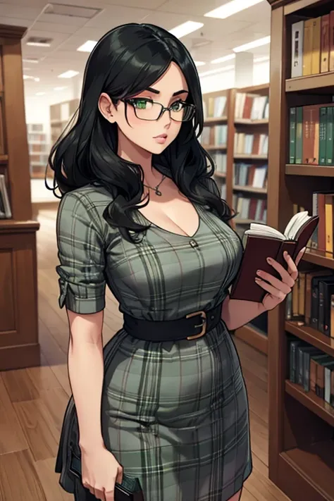 A woman with black hair with a strip of gray with green eyes and an hourglass figure and glasses in a plaid dress is reading a book in the library