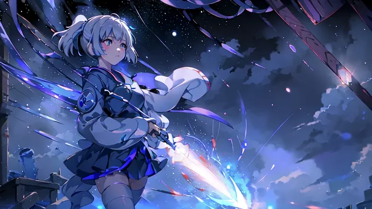 1girl, japanese clothes, ponytail ,white hair, purple eyes, magic circle, blue fire, blue flames, wallpaper, landscape, blood, b...