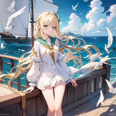 (((masterpiece, Highest quality, High resolution, Attention to detail)))), ((((Fantasy))), One, (Elf Woman)))), (White short skirt with gold embroidery), (Long straight blonde hair), (Shiny dark green eyes), (White frilly blouse with gold embroidery), big,...