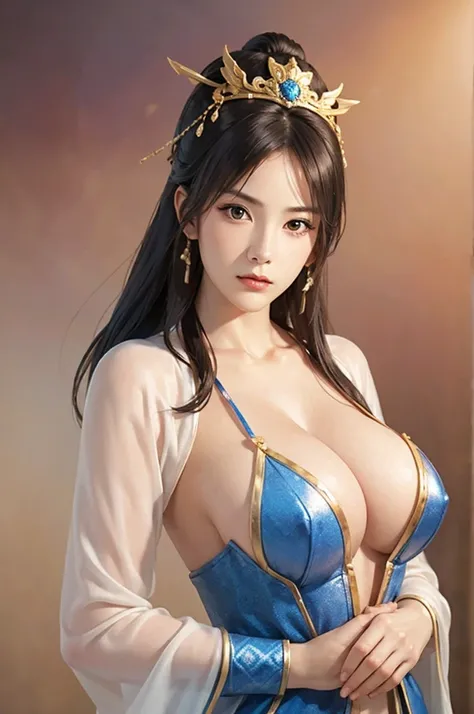 1 Woman in Han Dynasty Armor、There are exquisite patterns on the armor of the Han Dynasty、beautiful girl、Delicate body, Exquisite eyes、Long hair,、Gorgeous hair ornaments, Han Dynasty landscape、Everlasting,、whole body、Three Kingdoms、 Large Breasts， The back...