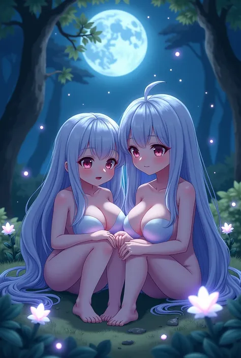 Humanoid anime slime girls, with big natural breasts, sitting in the forest surrounded by nature at night 