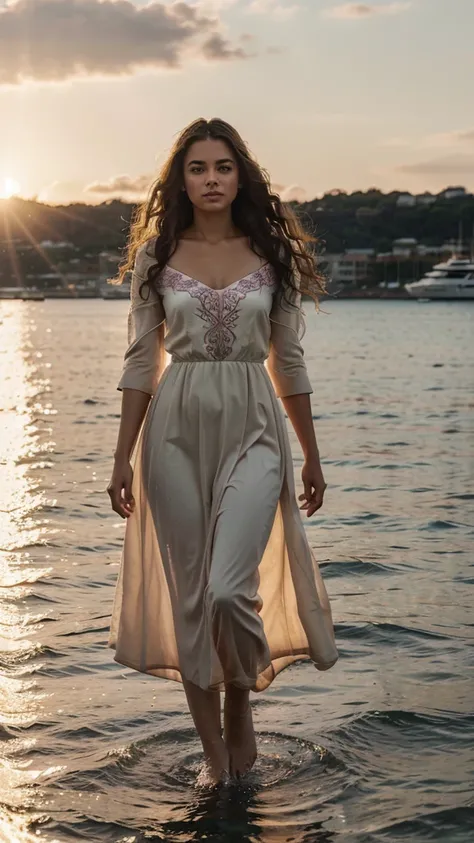 Beautiful woman walks on water, she looks at the water beneath her feet, She has very long, light brown, curly hair, and is wearing a beige and pink long ball gown with beautiful embroidery. Bright beautiful sunset over the sea in the background, sun refle...