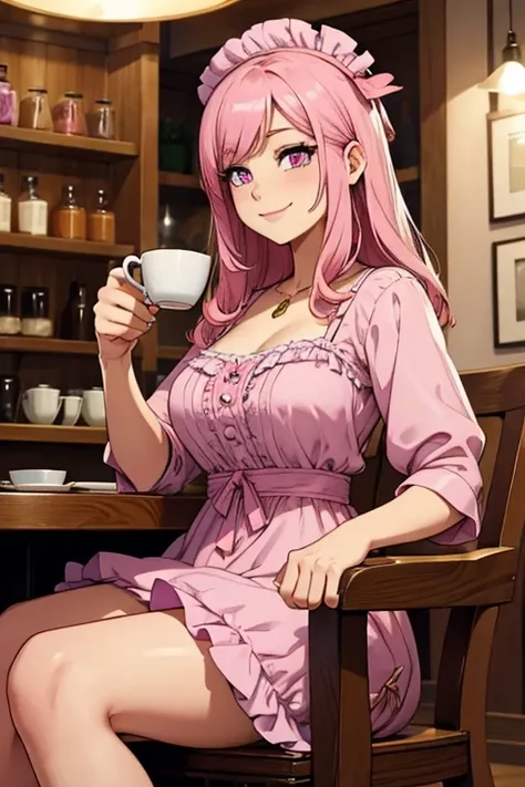 Perfect face. Perfect hands. A pink haired woman with violet eyes with an hourglass figure in a frilly pink dress is sipping tea at a coffee shop with a smile