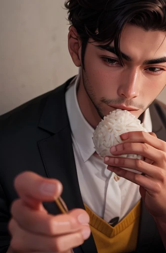 a young man eating a triangular rice ball