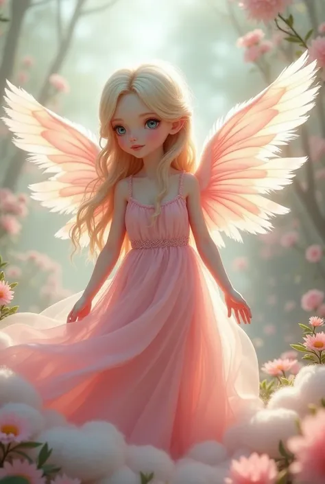 Tumberina, a cute  with wings wearing a pink dress, long hair, and beautiful white wings.