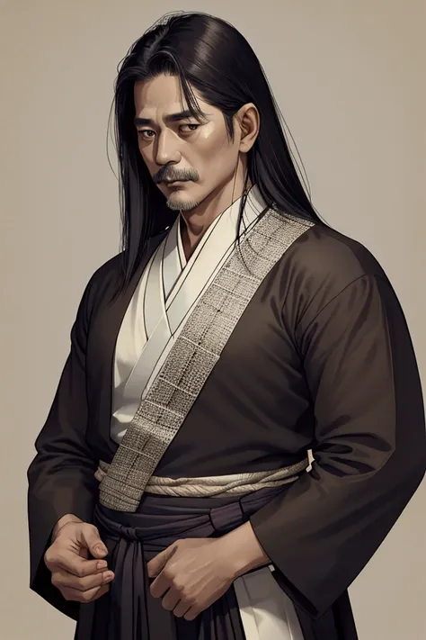 An old, dull-toned photo with a dark background of a middle-aged man, dignified and proud in traditional Thai official attire, such as a light shirt. (Jacket) and dark colored loincloth, straight hair and maybe a thin beard, wearing traditional accessories...