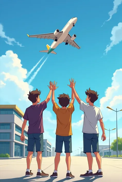 Group of three friends boys are standing outside of airport and a plane is taking off and those friends are waving the plane