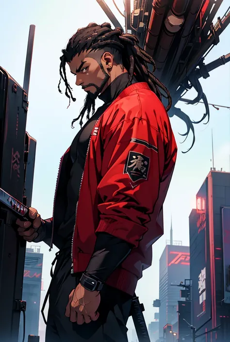 High Resolution, Best Quality, black male, casual dark crimson suite, short dreads, stubble, short katana, cyber punk thick neck, anime