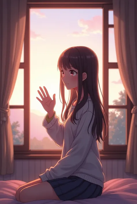 masterpiece, Highest quality, 8k, Extremely dense CG, Fully focused, One girl，Long Hair, Gaze, smile, Wave your right hand、In front of the window in the room、anime