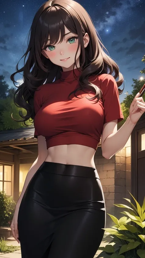 ((((masterpiece, best quality, high detail)))), beautiful woman, bright green eyes, shy, full-face blush, seductive smile, smirk, smug, solo focus, (large breasts), long ((wavy hair)), (dark brown hair), hairpin, ((red t-shirt crop top)), ((black maxi penc...