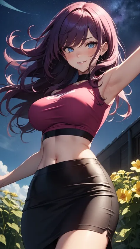 ((((masterpiece, best quality, high detail)))), beautiful woman, bright blue eyes, shy, full-face blush, seductive smile, smirk, smug, solo focus, (large breasts), long wavy hair, (purple hair), hairpin, ((pink t-shirt crop top)), ((black maxi pencil skirt...