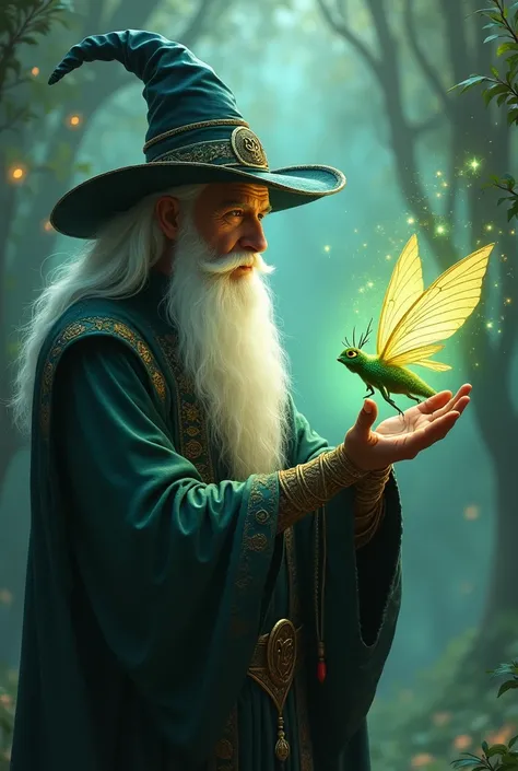 Magician with hat and white beard with a beautiful green-eyed fairy