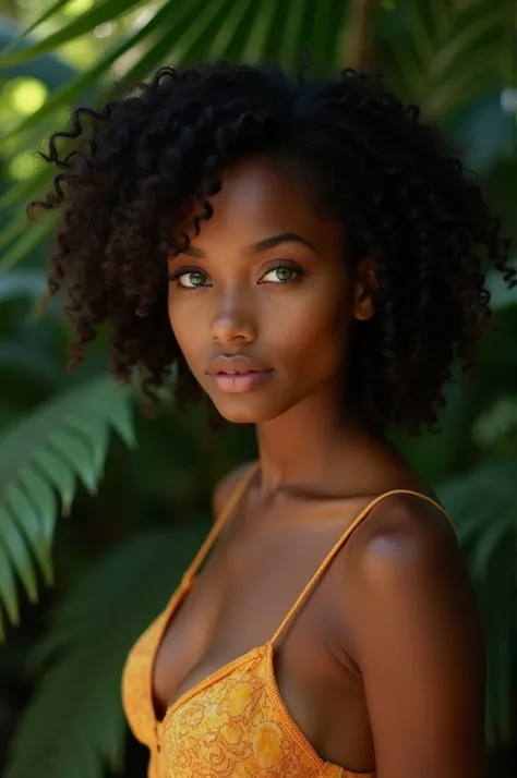 (((Un profonde sexappeal ))) mixed complexion, woman about 2, black curly hair, naturels, Yeux verts distinctifs, mince et gracieux, beau,origaine des antilles , Mise au point ultra nette, Realistic shooting, Sexy realistic but covered womens clothing, cou...