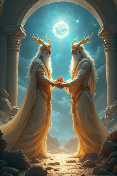 Mythological gods holding hands in the middle of two worlds